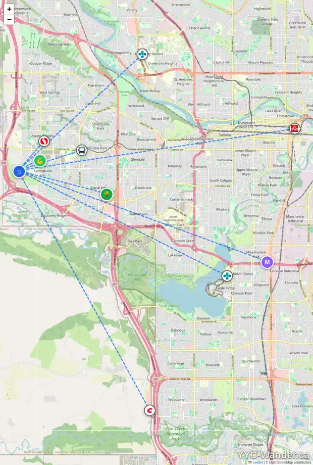 Daily accessibility map for 61 SLOPES PT SW, Calgary showing nearby schools, grocery stores, parks, LRT stations and nearby amenities