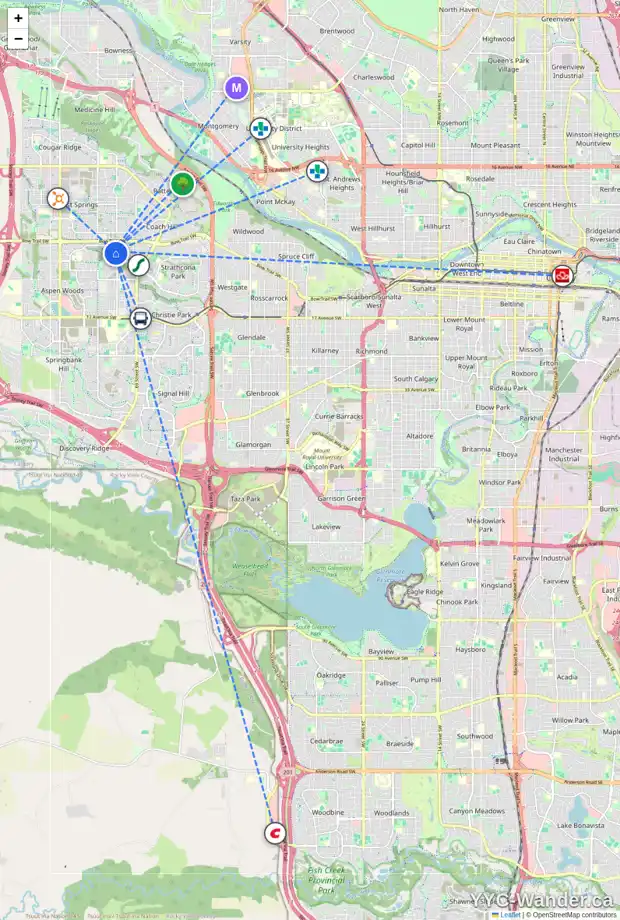 Daily accessibility map for 87 STRATHRIDGE GD SW, Calgary showing nearby schools, grocery stores, parks, LRT stations and nearby amenities
