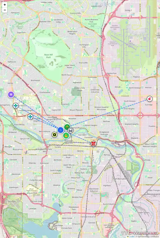 Daily accessibility map for 605 15 ST NW, Calgary showing nearby schools, grocery stores, parks, LRT stations and nearby amenities