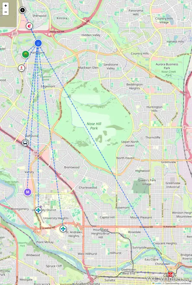 Daily accessibility map for 4506 HAMPTONS WY NW, Calgary showing nearby schools, grocery stores, parks, LRT stations and nearby amenities