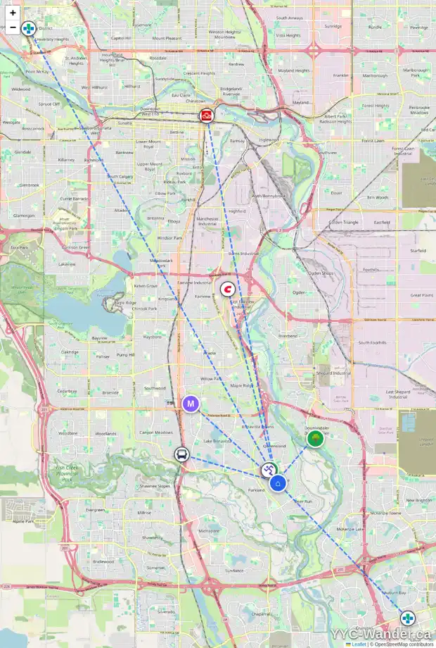 Daily accessibility map for 31 DEER RIDGE ME SE, Calgary showing nearby schools, grocery stores, parks, LRT stations and nearby amenities