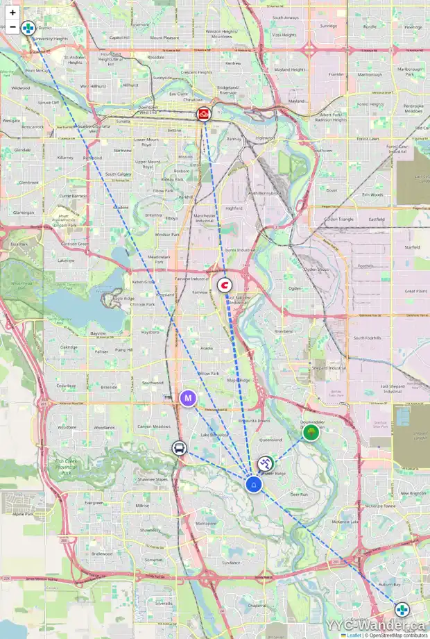 Daily accessibility map for 216 PARKLAND RI SE, Calgary showing nearby schools, grocery stores, parks, LRT stations and nearby amenities