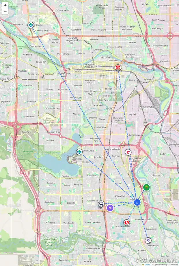Daily accessibility map for 10719 MAPLECREST RD SE, Calgary showing nearby schools, grocery stores, parks, LRT stations and nearby amenities