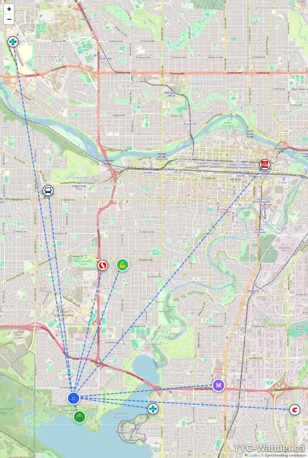 Daily accessibility map for 6948 LEASIDE DR SW, Calgary showing nearby schools, grocery stores, parks, LRT stations and nearby amenities