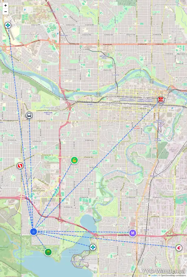 Daily accessibility map for 3511 LAKESIDE CR SW, Calgary showing nearby schools, grocery stores, parks, LRT stations and nearby amenities