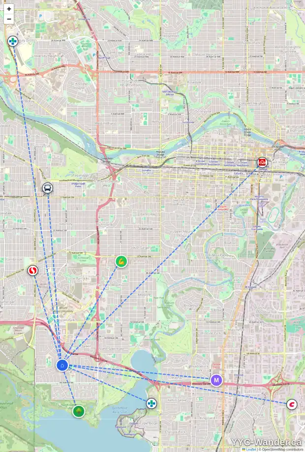 Daily accessibility map for 3316 LANCASTER WY SW, Calgary showing nearby schools, grocery stores, parks, LRT stations and nearby amenities