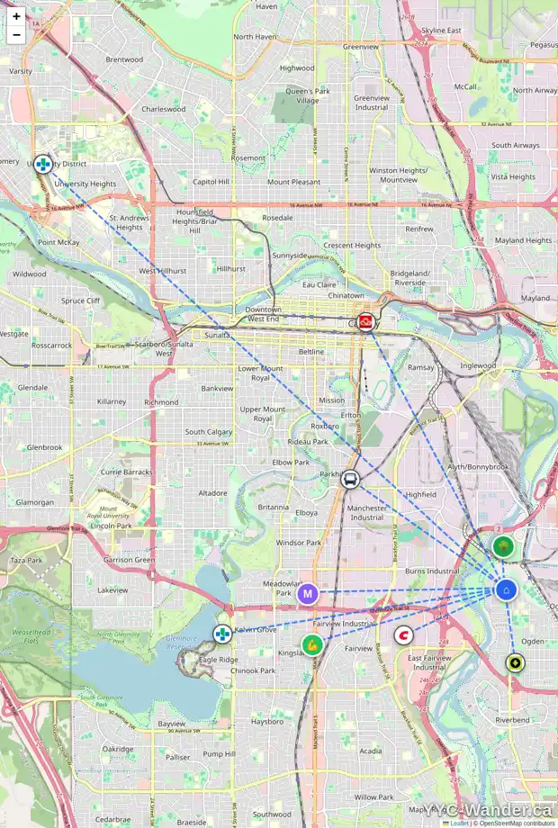 Daily accessibility map for 1828 62 AV SE, Calgary showing nearby schools, grocery stores, parks, LRT stations and nearby amenities