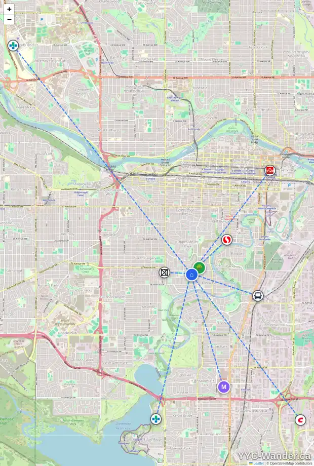 Daily accessibility map for 3617 8A ST SW, Calgary showing nearby schools, grocery stores, parks, LRT stations and nearby amenities