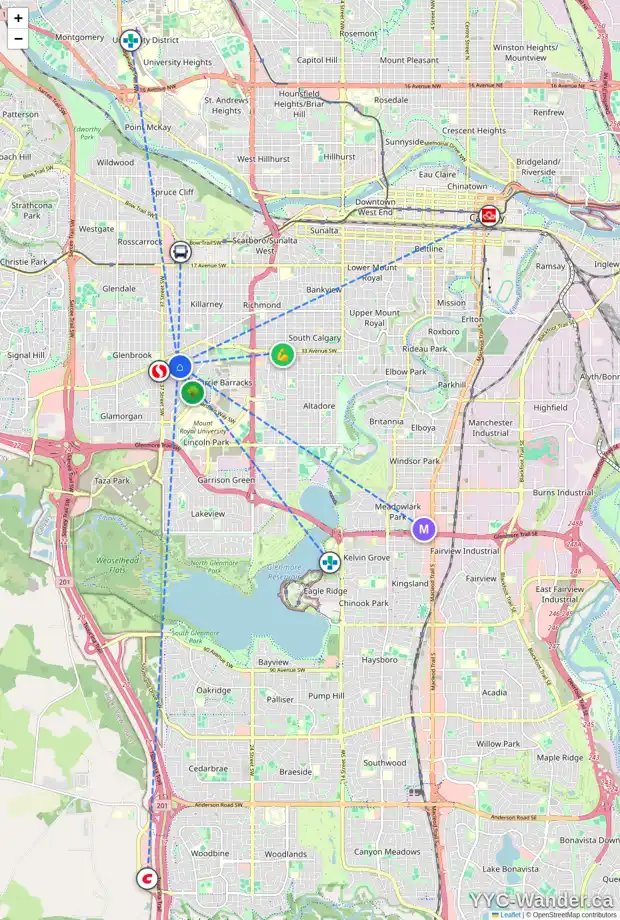 Daily accessibility map for 3528 36 AV SW, Calgary showing nearby schools, grocery stores, parks, LRT stations and nearby amenities