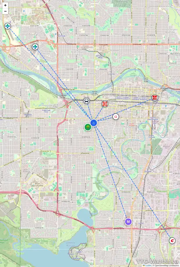 Daily accessibility map for 2108 14A ST SW, Calgary showing nearby schools, grocery stores, parks, LRT stations and nearby amenities