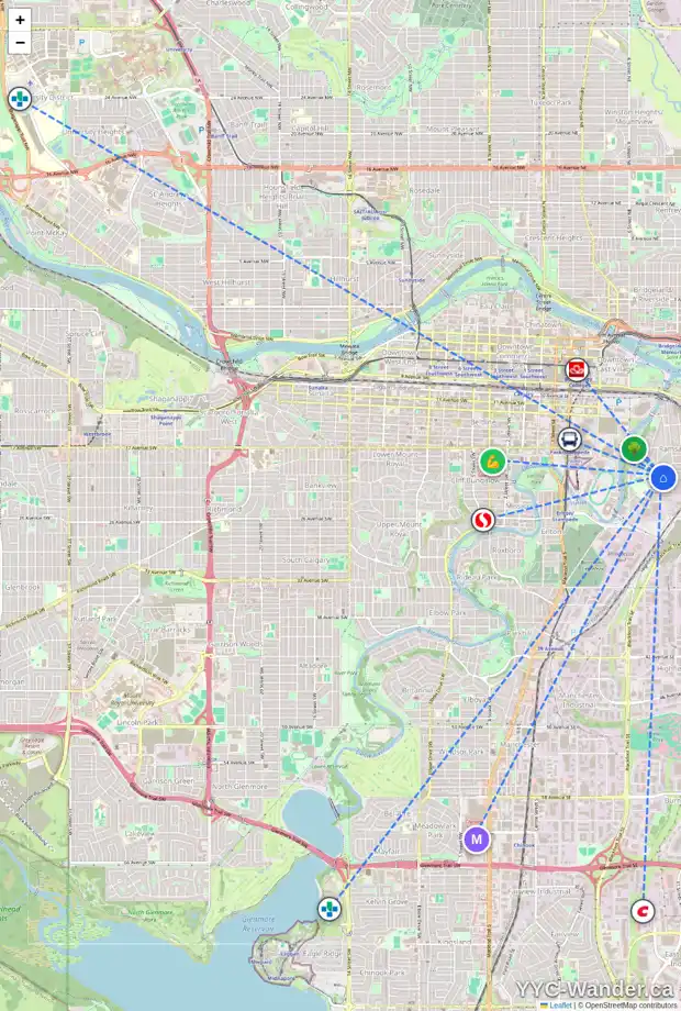 Daily accessibility map for 2021 SPILLER RD SE, Calgary showing nearby schools, grocery stores, parks, LRT stations and nearby amenities