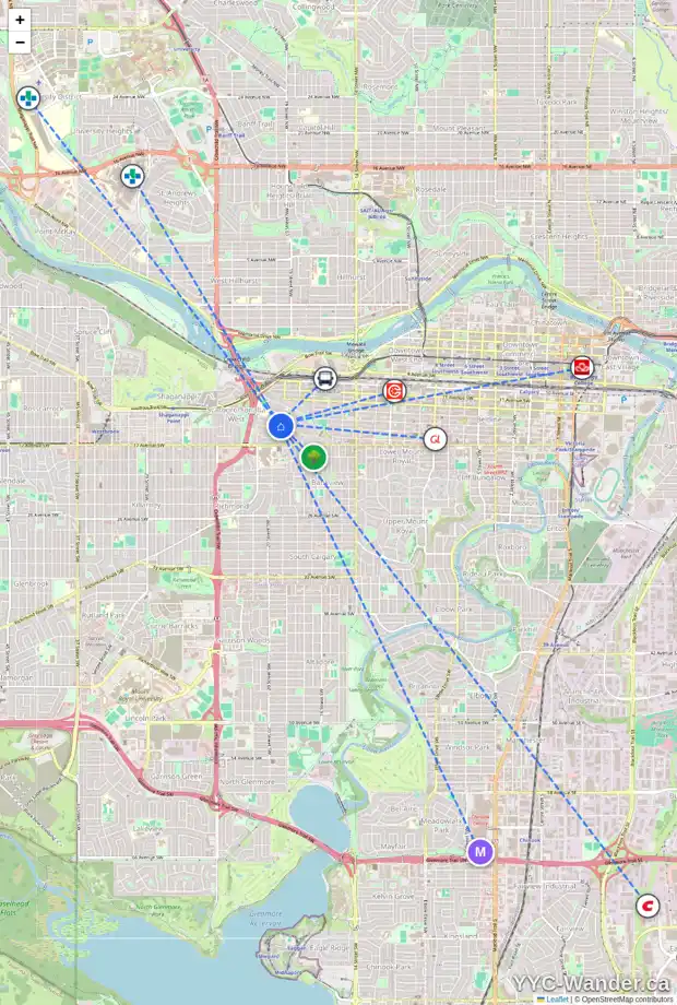 Daily accessibility map for 1425 SHELBOURNE ST SW, Calgary showing nearby schools, grocery stores, parks, LRT stations and nearby amenities