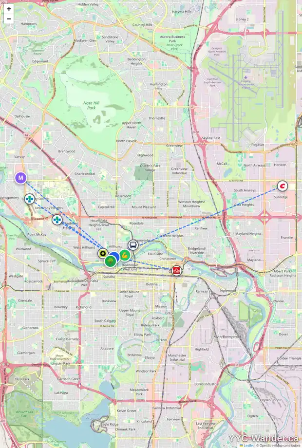 Daily accessibility map for 1638 BOWNESS RD NW, Calgary showing nearby schools, grocery stores, parks, LRT stations and nearby amenities