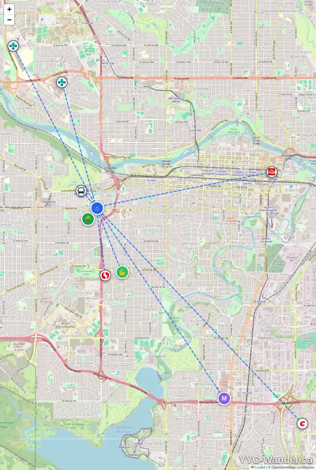 Daily accessibility map for 1 1743 24A ST SW, Calgary showing nearby schools, grocery stores, parks, LRT stations and nearby amenities