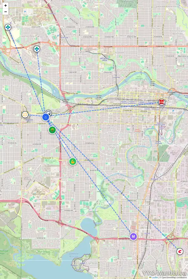 Daily accessibility map for 1425 27 ST SW, Calgary showing nearby schools, grocery stores, parks, LRT stations and nearby amenities