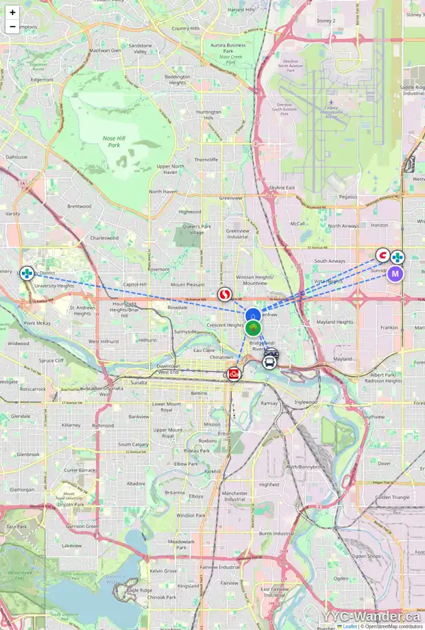 Daily accessibility map for 630 11 AV NE, Calgary showing nearby schools, grocery stores, parks, LRT stations and nearby amenities