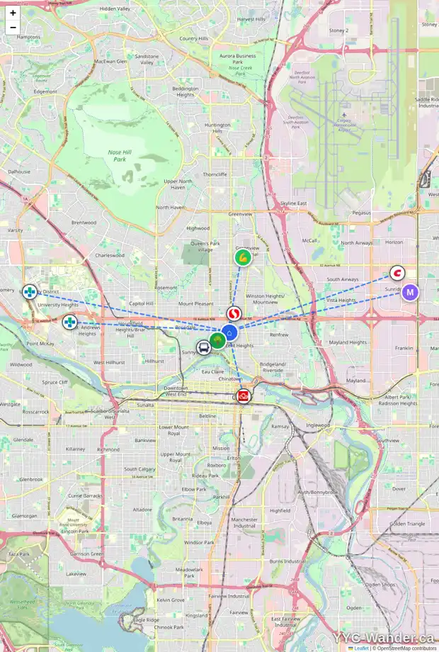 Daily accessibility map for 116 12 AV NW, Calgary showing nearby schools, grocery stores, parks, LRT stations and nearby amenities