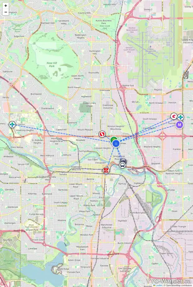 Daily accessibility map for 1214 6 ST NE, Calgary showing nearby schools, grocery stores, parks, LRT stations and nearby amenities