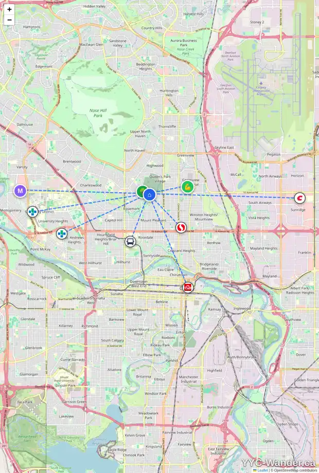 Daily accessibility map for 908 31 AV NW, Calgary showing nearby schools, grocery stores, parks, LRT stations and nearby amenities