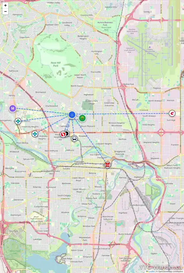Daily accessibility map for 3124 14 ST NW, Calgary showing nearby schools, grocery stores, parks, LRT stations and nearby amenities