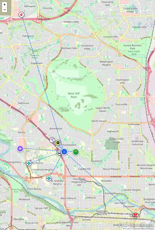 Daily accessibility map for 3419 MORLEY TR NW, Calgary showing nearby schools, grocery stores, parks, LRT stations and nearby amenities