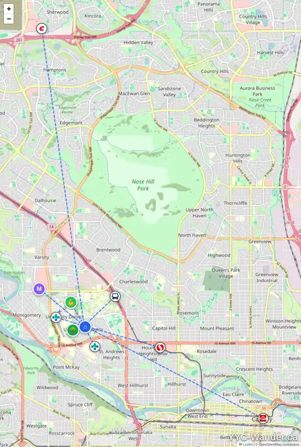 Daily accessibility map for 2312 UXBRIDGE DR NW, Calgary showing nearby schools, grocery stores, parks, LRT stations and nearby amenities