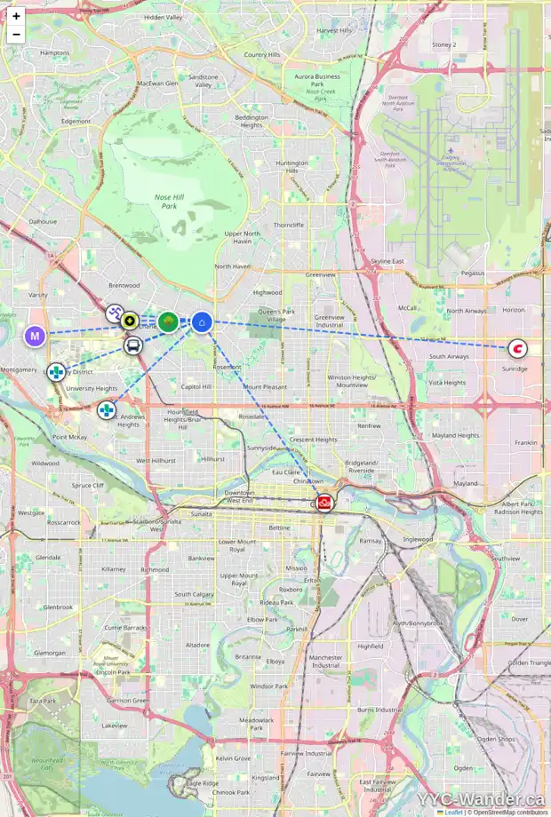 Daily accessibility map for 16 CLARENDON RD NW, Calgary showing nearby schools, grocery stores, parks, LRT stations and nearby amenities