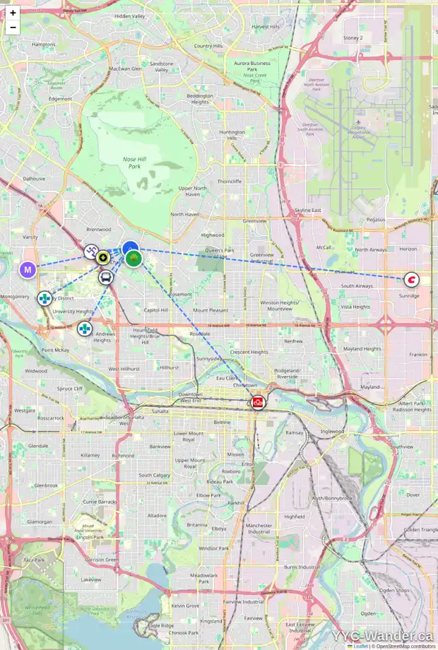 Daily accessibility map for 1069 NORTHMOUNT DR NW, Calgary showing nearby schools, grocery stores, parks, LRT stations and nearby amenities