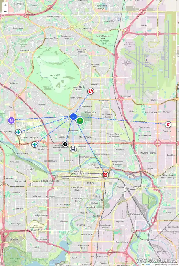 Daily accessibility map for 17 CADOGAN RD NW, Calgary showing nearby schools, grocery stores, parks, LRT stations and nearby amenities