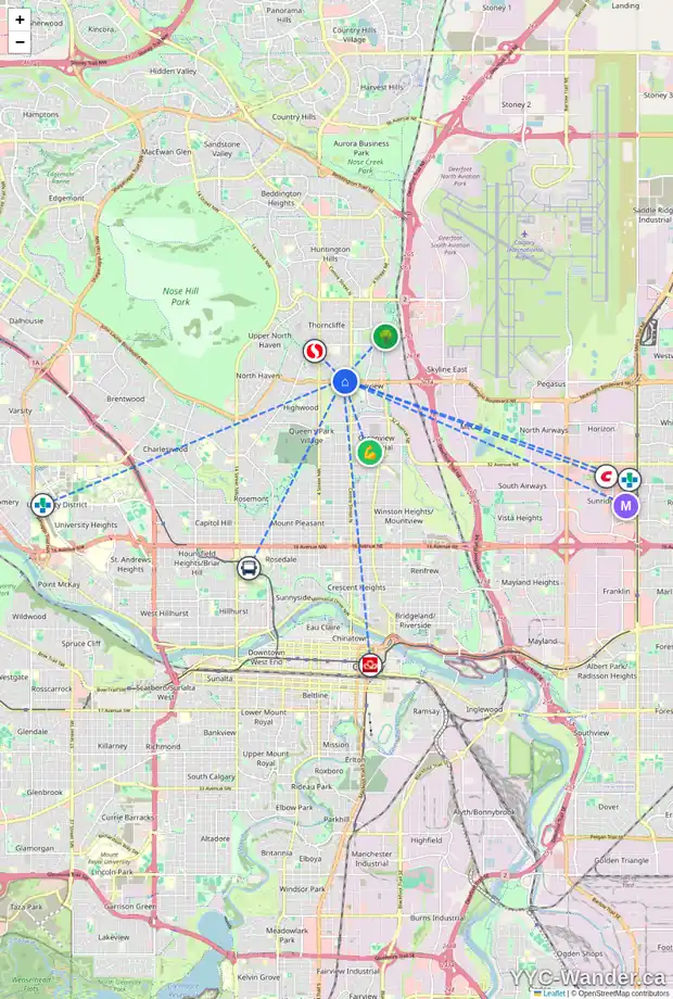 Daily accessibility map for 5008 2 ST NW, Calgary showing nearby schools, grocery stores, parks, LRT stations and nearby amenities