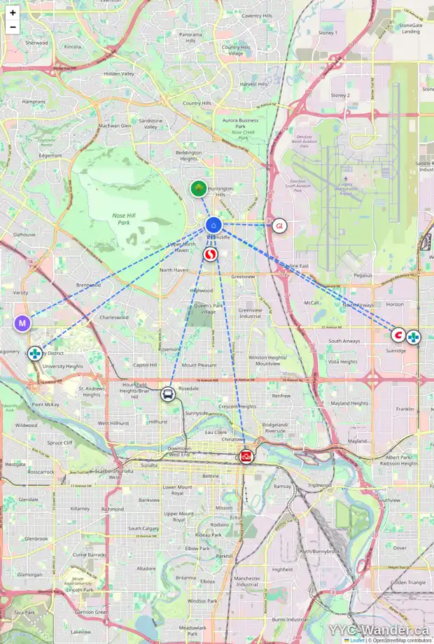Daily accessibility map for 6401 4 ST NW, Calgary showing nearby schools, grocery stores, parks, LRT stations and nearby amenities