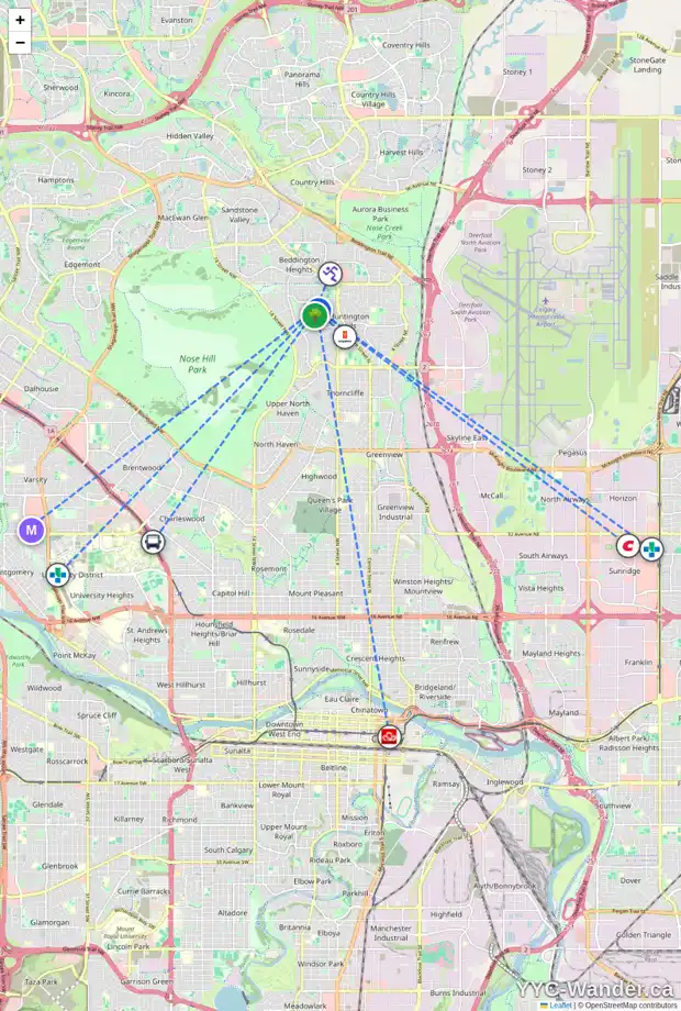 Daily accessibility map for 7804 7 ST NW, Calgary showing nearby schools, grocery stores, parks, LRT stations and nearby amenities