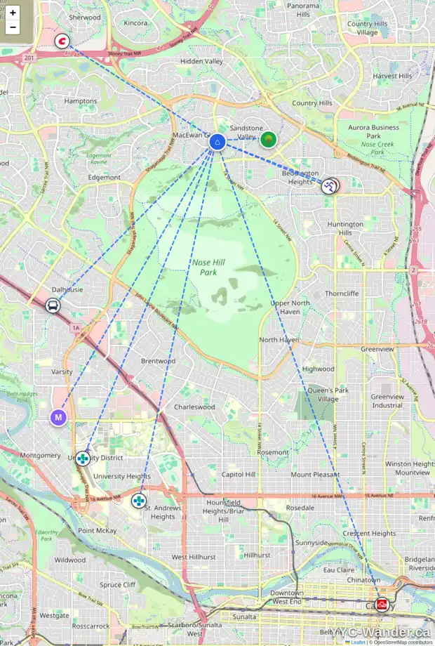 Daily accessibility map for 128 MACEWAN PARK WY NW, Calgary showing nearby schools, grocery stores, parks, LRT stations and nearby amenities