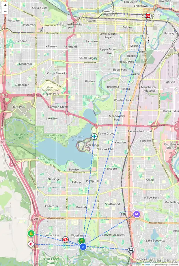 Daily accessibility map for 11 WOOD WILLOW CL SW, Calgary showing nearby schools, grocery stores, parks, LRT stations and nearby amenities