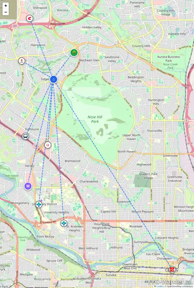 Daily accessibility map for 104 EDGEBANK PL NW, Calgary showing nearby schools, grocery stores, parks, LRT stations and nearby amenities