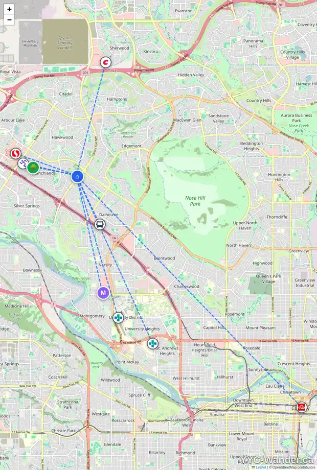 Daily accessibility map for 643 RANCH ESTATES PL NW, Calgary showing nearby schools, grocery stores, parks, LRT stations and nearby amenities