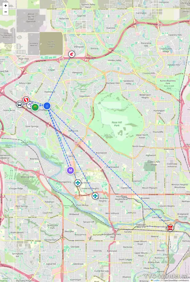 Daily accessibility map for 212 RANCHRIDGE BA NW, Calgary showing nearby schools, grocery stores, parks, LRT stations and nearby amenities