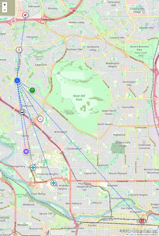 Daily accessibility map for 39 EDGEHILL RI NW, Calgary showing nearby schools, grocery stores, parks, LRT stations and nearby amenities