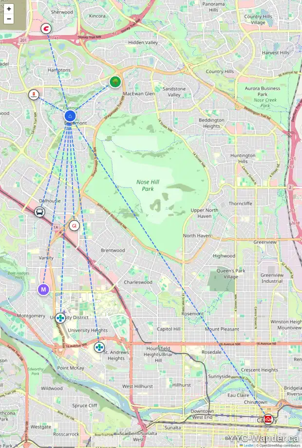 Daily accessibility map for 162 EDGEVALLEY CI NW, Calgary showing nearby schools, grocery stores, parks, LRT stations and nearby amenities