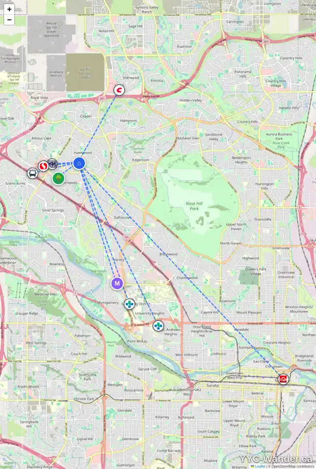 Daily accessibility map for 119 HAWKSIDE CL NW, Calgary showing nearby schools, grocery stores, parks, LRT stations and nearby amenities
