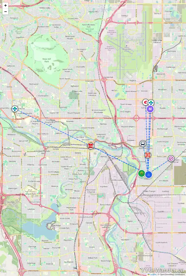 Daily accessibility map for 3221 32A AV SE, Calgary showing nearby schools, grocery stores, parks, LRT stations and nearby amenities