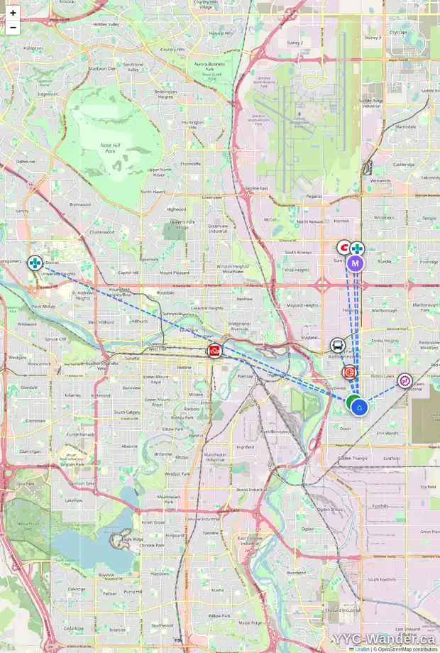 Daily accessibility map for 3607 28A AV SE, Calgary showing nearby schools, grocery stores, parks, LRT stations and nearby amenities
