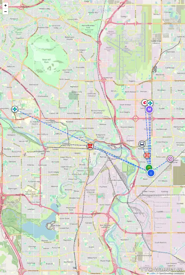 Daily accessibility map for 3440 31A AV SE, Calgary showing nearby schools, grocery stores, parks, LRT stations and nearby amenities