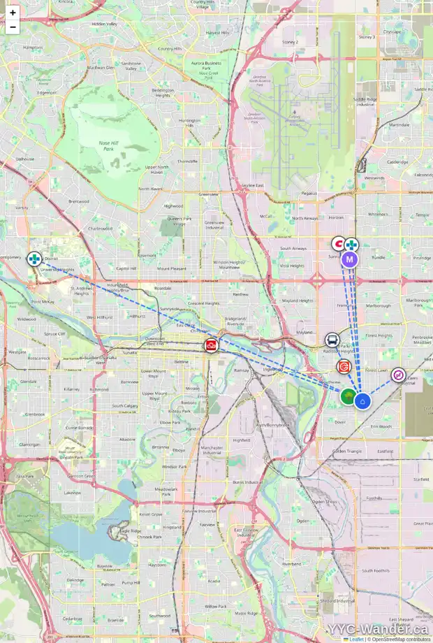 Daily accessibility map for 10 DOVERDALE ME SE, Calgary showing nearby schools, grocery stores, parks, LRT stations and nearby amenities