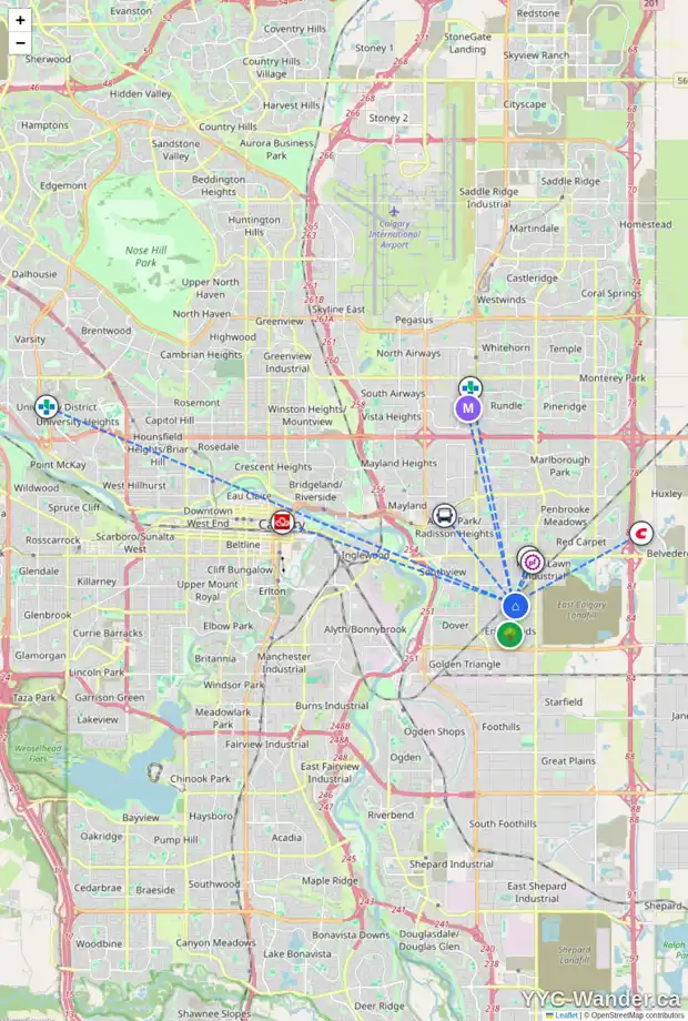 Daily accessibility map for 293 ERIN WOODS DR SE, Calgary showing nearby schools, grocery stores, parks, LRT stations and nearby amenities