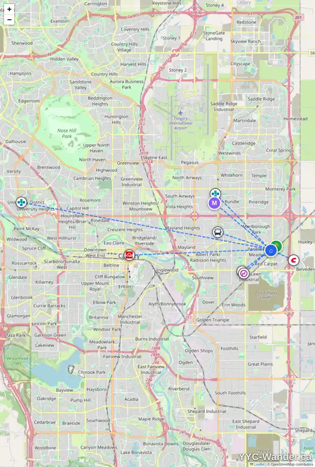 Daily accessibility map for 6815 4 AV SE, Calgary showing nearby schools, grocery stores, parks, LRT stations and nearby amenities