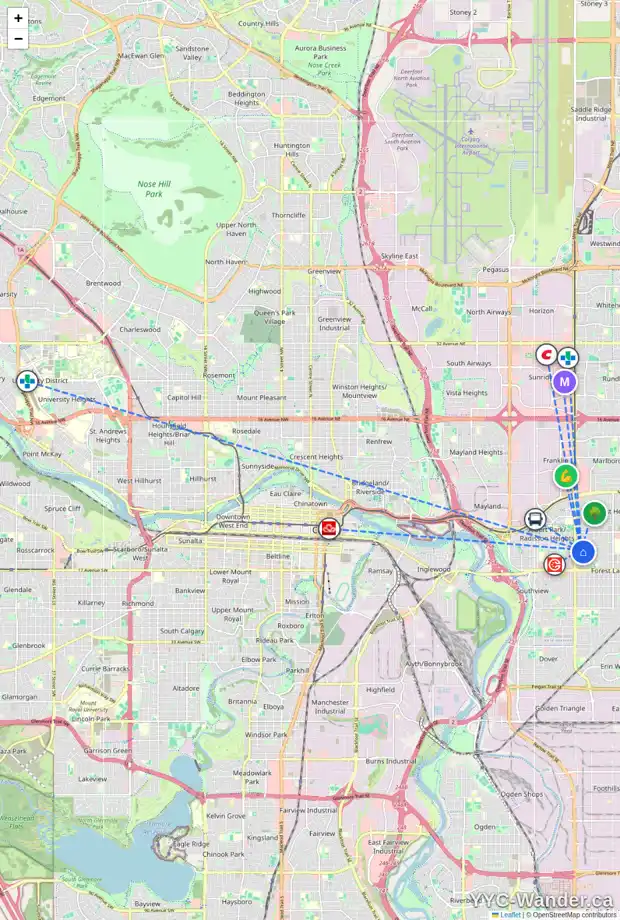 Daily accessibility map for 1320 37 ST SE, Calgary showing nearby schools, grocery stores, parks, LRT stations and nearby amenities