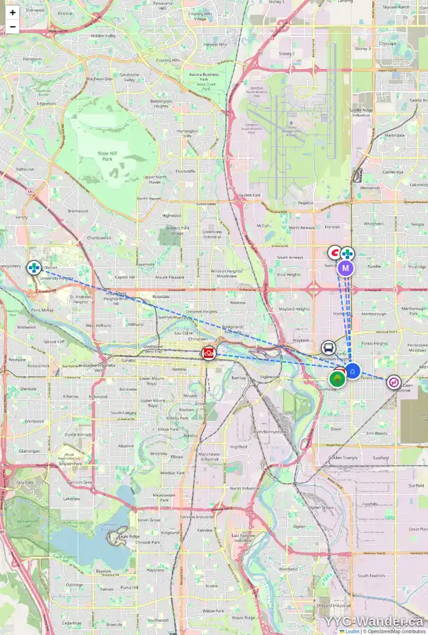 Daily accessibility map for 1511 36 ST SE, Calgary showing nearby schools, grocery stores, parks, LRT stations and nearby amenities
