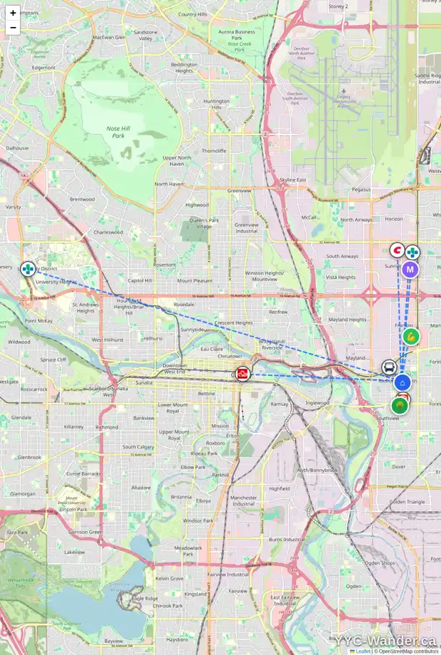 Daily accessibility map for 1203 32 ST SE, Calgary showing nearby schools, grocery stores, parks, LRT stations and nearby amenities