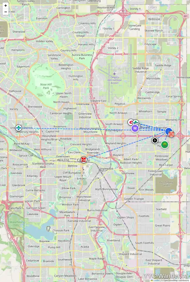 Daily accessibility map for 2220 65 ST NE, Calgary showing nearby schools, grocery stores, parks, LRT stations and nearby amenities
